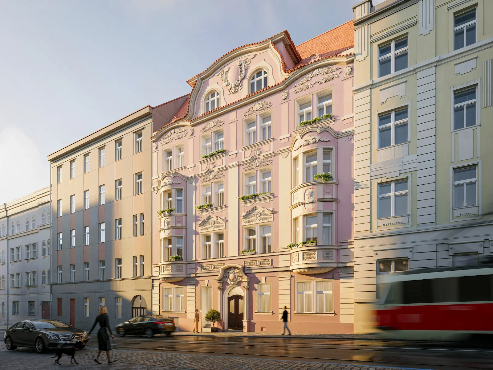 Bělehradská 29, pohled z ulice s tramvají