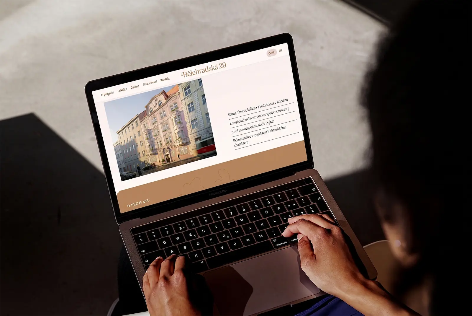 Bělehradská 29, web mockup detail sekce