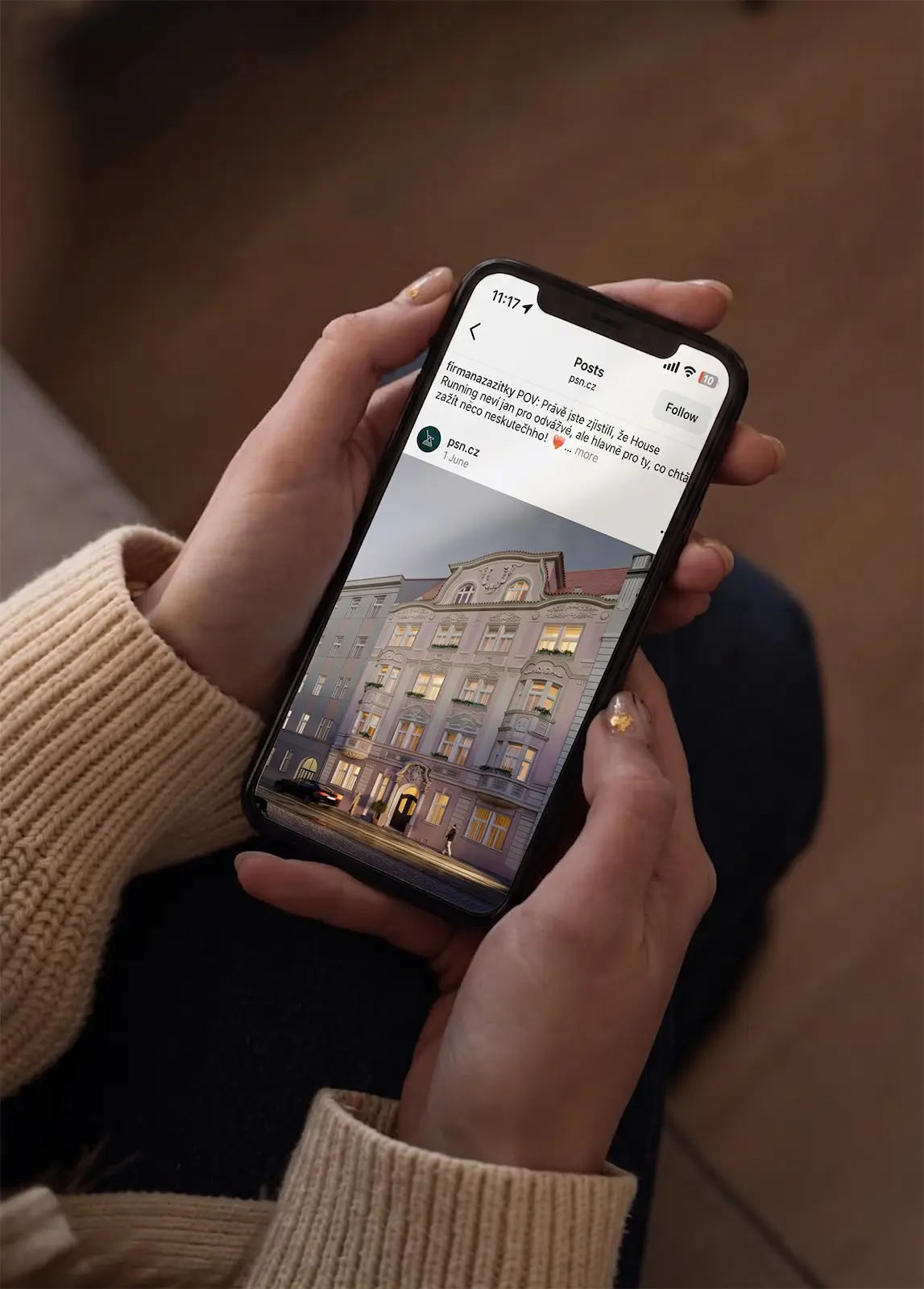 Bělehradská 29, Instagram mockup na telefonu