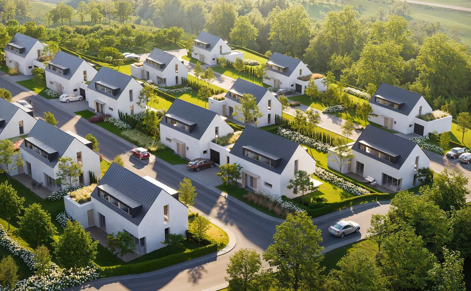 Project Ježkovice, hlavní vizualizace, letecký pohled na rodinné domy