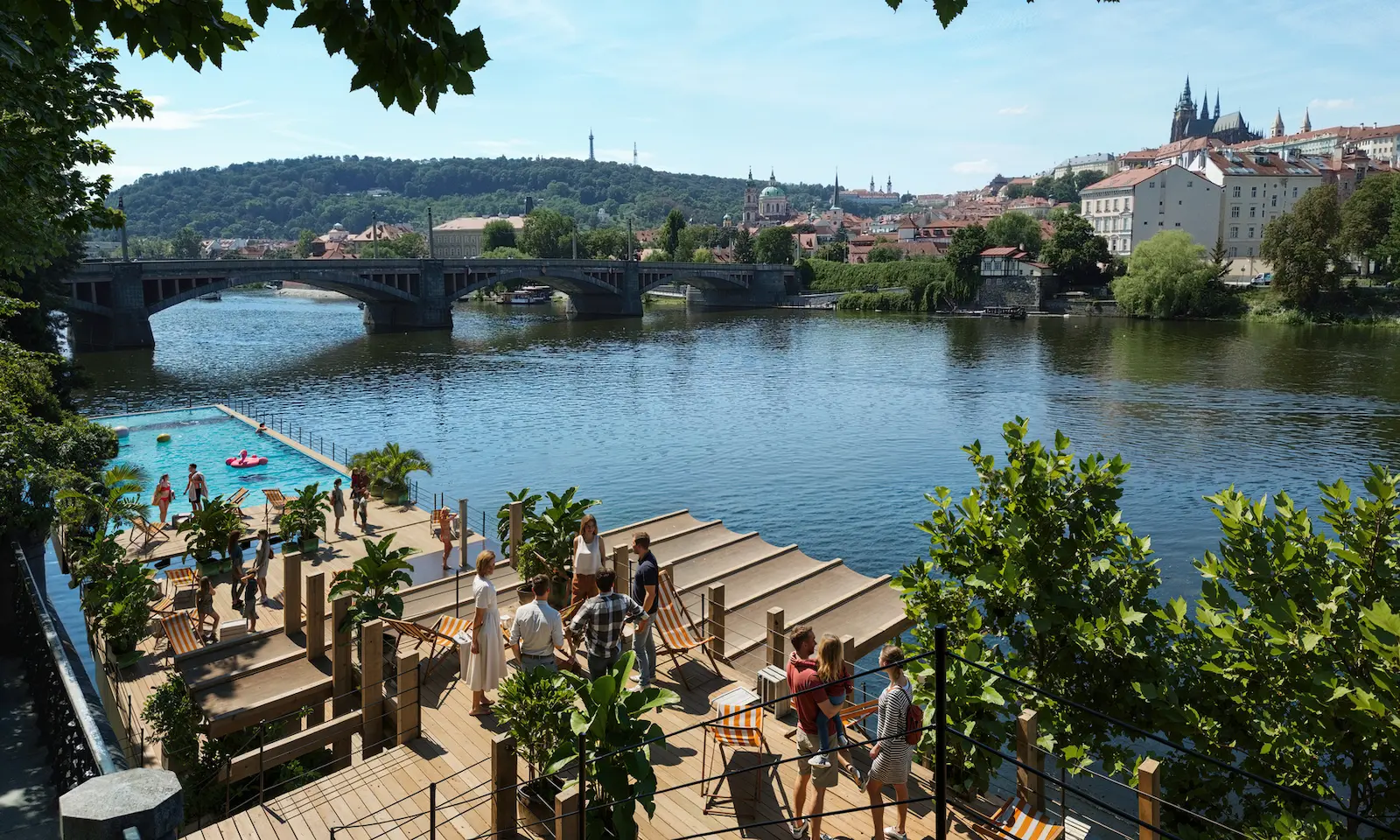 Plovoucí Bazén, pohled z druhého břehu Vltavy