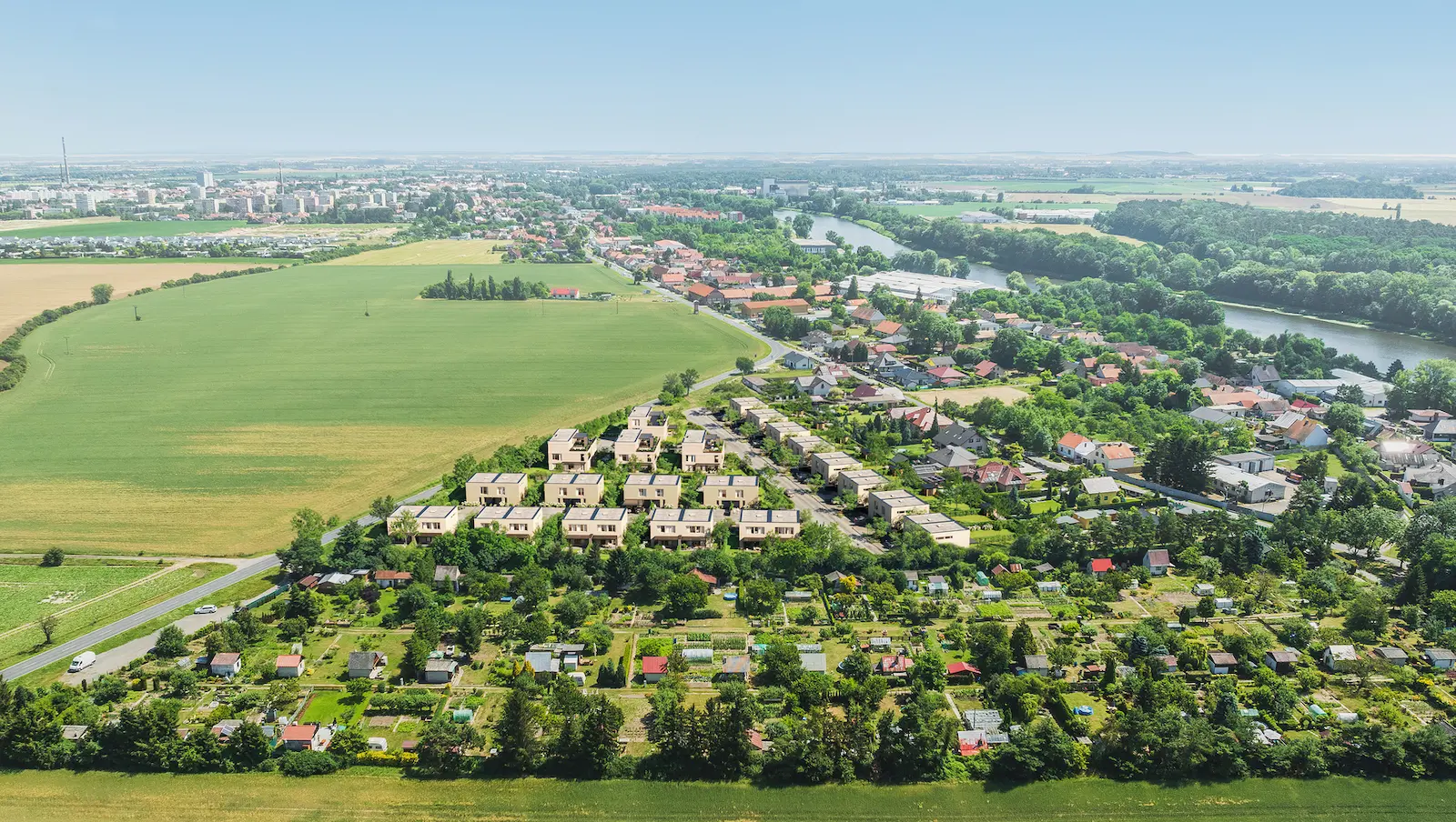 Riverside Nymburk, dronový pohled na lokalitu, vizualizace 01