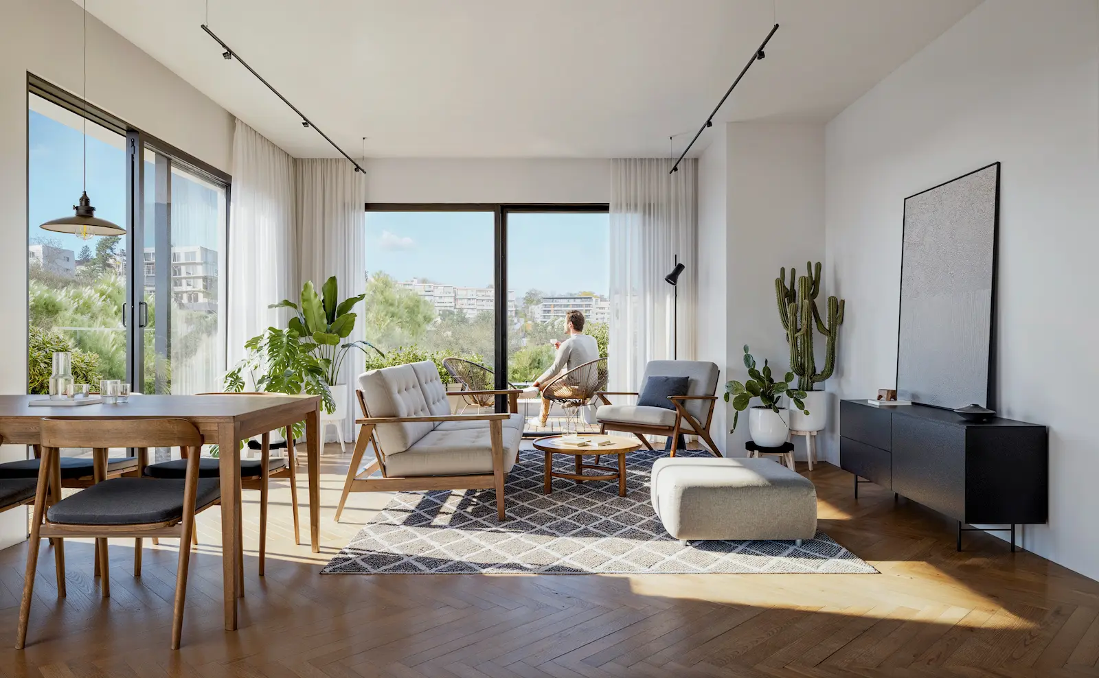 Solis Residence, interiér obytného pokoje s výhledem do zeleně, hlavní vizualizace