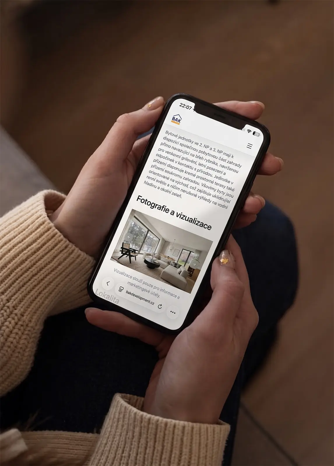 Vila Westfield, mockup webových stránek developera na mobilu
