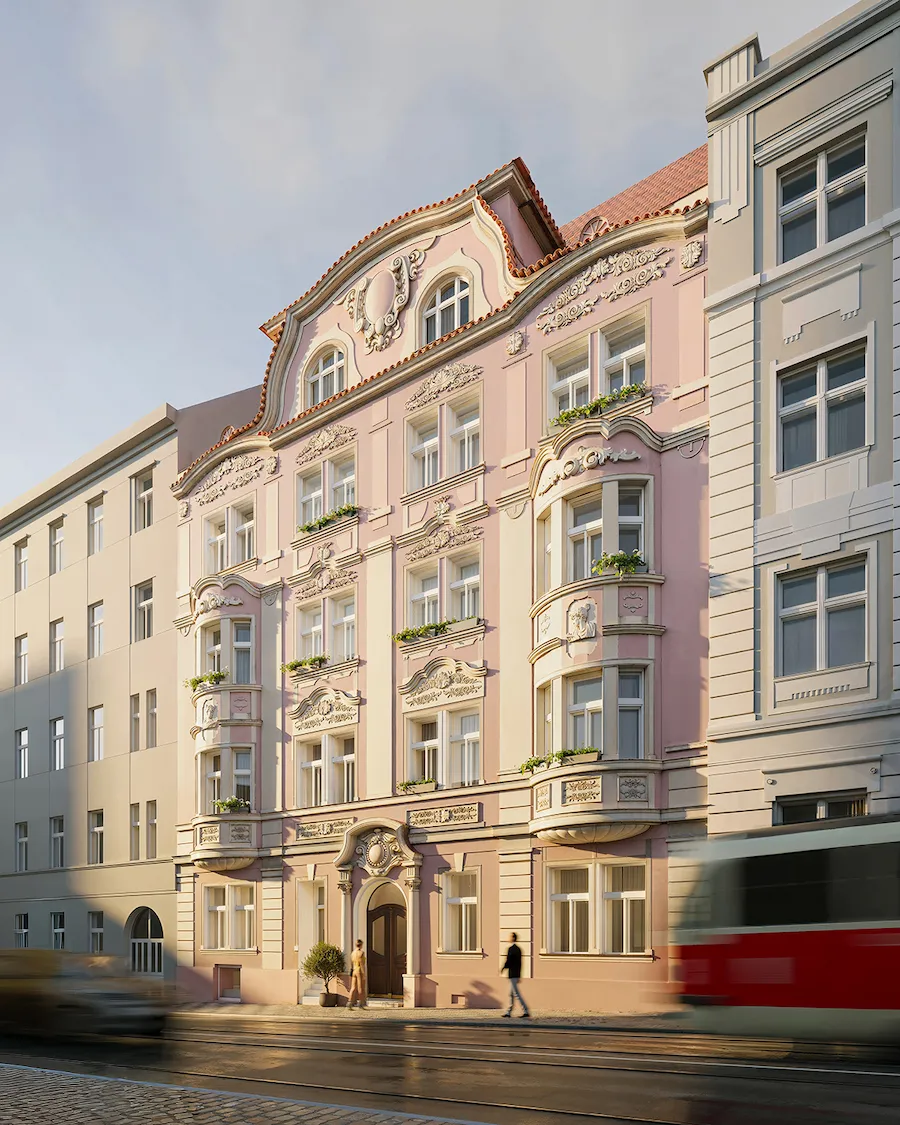 Bělehradská 29 Praha 2, 3D vizualizace historického bytového domu, novobarokní fasáda, PSN | Yuna Studio