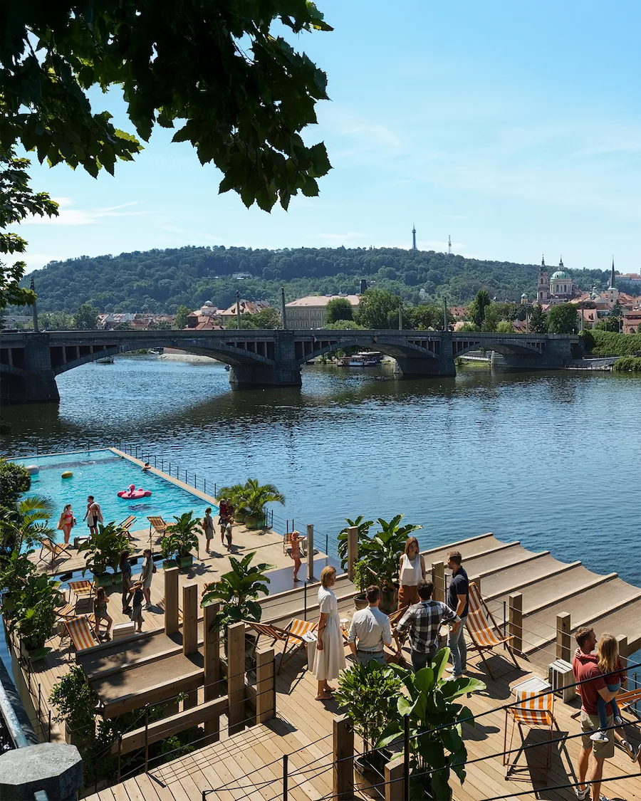 Plovoucí Bazén Praha Vltava, 3D vizualizace plovárny a Rio Bar, lifestylové vizualizace pro investory | Yuna Studio