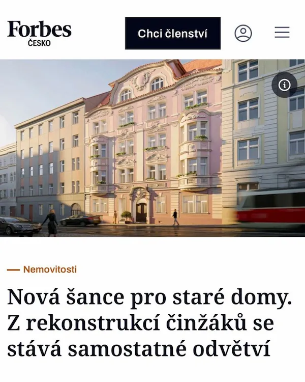 Forbes Česko, rekonstrukce starých bytových domů jako nové odvětví, Bělehradská 29, 3D vizualizace Praha | Yurii Nalyvaiko, Yuna Studio